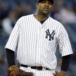 New York Yankees starting pitcher CC Sabathia reacts in the first inning of a baseball game against the Arizona Diamondbacks at Yankee Stadium in New York, Wednesday, April 17, 2013. (AP Photo/Kathy Willens)