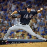 Atlanta Braves relief pitcher Alex Wood throws in the third inning of Game 3 of the National League division baseball series against the Los Angeles Dodgers, Sunday, Oct. 6, 2013, in Los Angeles. (AP Photo/Mark J. Terrill)