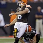 Cleveland Browns kicker Brandon Bogotay (8) kicks a 25-yard field goal against the St. Louis Rams in the first quarter of a preseason NFL football game, Thursday, Aug. 8, 2013, in Cleveland. (AP Photo/Tony Dejak)
