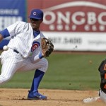 San Francisco Giants' Gregor Blanco (7) steals second with Chicago Cubs' Starlin Castro covering during the third inning of a spring training baseball game Sunday, Feb. 24, 2013, in Mesa, Ariz. (AP Photo/Morry Gash)