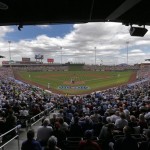 The Arizona Diamondbacks and the Chicago Cubs compete during the third inning of a spring training baseball game on Thursday, Feb. 27, 2014, in Mesa, Ariz. (AP Photo/Matt York)