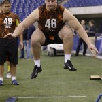 Penn State offensive lineman Matt Stankiewitch goes through a drill during the NFL football scouting combine in Indianapolis Saturday, Feb. 23, 2013. (AP Photo/Dave Martin)
