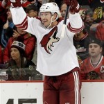  Phoenix Coyotes' Shane Doan celebrates after scoring a goal during the first period of an NHL hockey game against the Chicago Blackhawks in Chicago, Thursday, Nov. 14, 2013. (AP Photo/Nam Y. Huh)