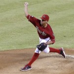 Arizona Diamondbacks' Randall Delgado throws against the Toronto Blue Jays in the first inning of a baseball game on Wednesday, Sept. 4, 2013, in Phoenix. (AP Photo/Ross D. Franklin)