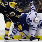 Boston Bruins left wing Milan Lucic (17) and Toronto Maple Leafs center Mikhail Grabovski (84) vie for the puck along the boards during the second period in Game 2 of a first-round NHL hockey playoff series in Boston, Saturday, May 4, 2013. (AP Photo/Elise Amendola)