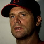 St. Louis Cardinals manager Mike Matheny talks to the media at spring training baseball, Thursday, Feb. 14, 2013, in Jupiter, Fla. The club exercised the 2014 option for Matheny on earlier in the day. (AP Photo/Julio Cortez)