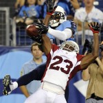 Arizona Cardinals defensive back William Gay (23) breaks up a pass intended for Tennessee Titans wide receiver Nate Washington, top, in the second quarter of an NFL football preseason game on Thursday, Aug. 23, 2012, in Nashville, Tenn. (AP Photo/Joe Howell)