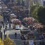 The San Francisco Giants ride in motorized cable cars during a parade through downtown San Francisco, Wednesday, Nov. 3, 2010. The city celebrated the San Francisco Giants' first victory in baseball's World Series, over the Texas Rangers. (AP Photo/Mike Adaskaveg)