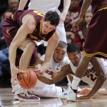 Arizona State center Ruslan Pateev (23) loses the ball in front of Stanford guard Aaron Bright, center, and Stanford guard Jarrett Mann (22) in the first half of an NCAA college basketball game in Palo Alto, Calif., Thursday, Feb. 2, 2012. (AP Photo/Paul Sakuma)