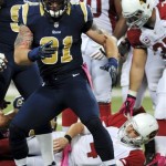 St. Louis Rams defensive end Chris Long, left, celebrates after sacking Arizona Cardinals quarterback Kevin Kolb, bottom right, during the second quarter of an NFL football game, Thursday, Oct. 4, 2012, in St. Louis. (AP Photo/L.G. Patterson)
