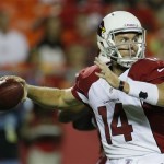 Arizona Cardinals quarterback Ryan Lindley (14) passes to a teammate during the second half of an NFL preseason football game against the Kansas City Chiefs in Kansas City, Mo., Friday, Aug. 10, 2012. (AP Photo/Colin E. Braley)