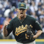 Oakland Athletics relief pitcher Grant Balfour clenches his fist after the final out Game 3 of an American League baseball division series against the Detroit Tigers in Detroit, Monday, Oct. 7, 2013. Oakland won 6-3. (AP Photo/Lon Horwedel)