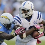 Indianapolis Colts wide receiver T.Y. Hilton, right, protects the ball as he runs upfield after a reception as San Diego Chargers cornerback Shareece Wright, left, defends during the first half of an NFL football game Monday, Oct. 14, 2013, in San Diego. (AP Photo/Lenny Ignelzi)
