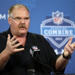 Kansas City Chiefs head coach Andy Reid answers a question during a news conference at the NFL football scouting combine in Indianapolis, Thursday, Feb. 21, 2013. (AP Photo/Michael Conroy)