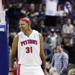 Detroit Pistons forward Charlie Villanueva (31) smiles after scoring against the Phoenix Suns in the fourth quarter of an NBA basketball game, Wednesday, Nov. 28, 2012, in Auburn Hills, Mich. Villanueva scored 19 points as the Pistons won 117-77. (AP Photo/Duane Burleson)