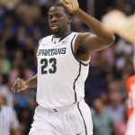 Michigan State's Draymond Green (23) celebrates a basket against Louisville during the first half of an NCAA men's college basketball tournament West Regional semifinal on Thursday, March 22, 2012, in Phoenix. (AP Photo/Matt York)