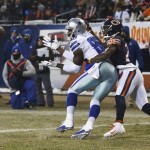 Dallas Cowboys wide receiver Dez Bryant (88) makes a touchdown reception against Chicago Bears cornerback Tim Jennings during the first half of an NFL football game, Monday, Dec. 9, 2013, in Chicago. (AP Photo/Charles Rex Arbogast)