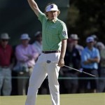 Brandt Snedeker punches the air after making a birdie putt on the 15th hole during the third round of the Masters golf tournament Saturday, April 13, 2013, in Augusta, Ga. (AP Photo/Darron Cummings)
