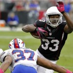 Arizona Cardinals running back William Powell (33) gains yardage as Buffalo Bills strong safety George Wilson (37) defends during the first half on an NFL football game on Sunday, Oct. 14, 2012, in Glendale, Ariz. (AP Photo/Rick Scuteri)