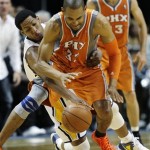 Phoenix Suns' Grant Hill is defended by Indiana Pacers' Danny Granger during the second half of an NBA basketball game, Friday, March 23, 2012, in Indianapolis. Phoenix won 113-111. (AP Photo/Darron Cummings)
