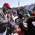 Cleveland Indians pitcher Ubaldo Jimenez signs autographs before a spring training baseball game against the Cincinnati Reds in Goodyear, Ariz., Friday, Feb. 22, 2013. (AP Photo/Paul Sancya)
