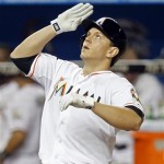 Miami Marlins' Logan Morrison looks up after hitting a game-tying 
home run against the Arizona Diamondbacks in the eighth inning of a 
baseball game in Miami, Saturday, April, 28, 2012. The Marlins won 3-
2. (AP Photo/Alan Diaz)