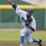 UCLA starting pitcher Nick Vander Tuig throws against Mississippi State in the first inning of Game 2 in their NCAA College World Series baseball finals, Tuesday, June 25, 2013, in Omaha, Neb. (AP Photo/Eric Francis)
