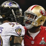 Baltimore Ravens linebacker Ray Lewis (52) exchanges words with San Francisco 49ers tight end Vernon Davis (85) in the second quarter of the NFL Super Bowl XLVII football game, Sunday, Feb. 3, 2013, in New Orleans. (AP Photo/Julio Cortez)