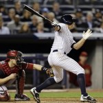 New York Yankees' Brett Gardner hits a seventh-inning, two-RBI double in a baseball game against the Arizona Diamondbacks at Yankee Stadium in New York, Wednesday, April 17, 2013. (AP Photo/Kathy Willens)