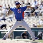 Chicago Cubs pitcher Carlos Villanueva throws against the Los Angeles Dodgers in the first inning of an exhibition spring training baseball game in Glendale, Ariz., Monday, Feb. 25, 2013. (AP Photo/Paul Sancya)