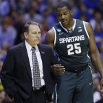 Michigan State forward Derrick Nix (25) talks to head coach Tom Izzo during the second half of a regional semifinal against Duke in the NCAA college basketball tournament, Friday, March 29, 2013, in Indianapolis. (AP Photo/Darron Cummings)