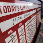 Sheree Baxter fills out the lineup board before an exhibition spring training baseball game between the Miami Marlins and Washington Nationals Wednesday, Feb. 27, 2013, in Viera, Fla. (AP Photo/David J. Phillip)