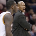 Cleveland Cavaliers coach Byron Scott yells to his players in the third quarter of an NBA basketball game against the Phoenix Suns on Tuesday, Nov. 27, 2012, in Cleveland. The Suns won 91-78. (AP Photo/Tony Dejak)