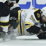 Boston Bruins defenseman Johnny Boychuk (55) hits the ice with Chicago Blackhawks center Jonathan Toews (19) in the second period during Game 5 of the NHL hockey Stanley Cup Finals, Saturday, June 22, 2013, in Chicago. (AP Photo/Nam Y. Huh)
