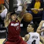 Miami Heat forward Chris Andersen (11) dunks against San Antonio Spurs guard Danny Green (4) during the first half at Game 3 of the NBA Finals basketball series, Tuesday, June 11, 2013, in San Antonio. (AP Photo/David J. Phillip)