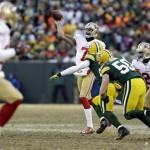  San Francisco 49ers quarterback Colin Kaepernick (7) throws a pass during the first half of an NFL wild-card playoff football game against the Green Bay Packers, Sunday, Jan. 5, 2014, in Green Bay, Wis. (AP Photo/Mike Roemer)