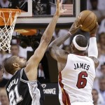 Miami Heat small forward LeBron James (6) shoots against San Antonio Spurs power forward Tim Duncan (21) during the second half of Game 6 of the NBA Finals basketball game, Tuesday, June 18, 2013 in Miami. (AP Photo/Lynne Sladky)