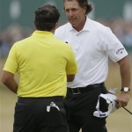 Phil Mickelson of the United States shakes hands with Francesco Molinari of Italy after their final round of the British Open Golf Championship at Muirfield, Scotland, Sunday, July 21, 2013. (AP Photo/Jon Super)