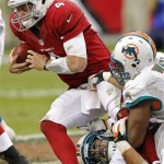 Arizona Cardinals quarterback Kevin Kolb (4) is tackled by Miami Dolphins defensive end Cameron Wake (91) during the second half of an NFL football game, Sunday, Sept. 30, 2012, in Glendale, Ariz. (AP Photo/Matt York)
