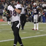 Baltimore Ravens tight end Dennis Pitta (88) reacts following a five-yard touchdown reception during the second half of the NFL football AFC Championship football game against the New England Patriots in Foxborough, Mass., Sunday, Jan. 20, 2013. (AP Photo/Stephan Savoia)