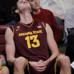 Arizona State center Jordan Bachynski (13) sits on the bench in the second half against Stanford in an NCAA college basketball game in Palo Alto, Calif., Thursday, Feb. 2, 2012. (AP Photo/Paul Sakuma)