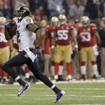 Baltimore Ravens wide receiver Jacoby Jones (12) runs the second-half opening kickoff back for a touchdown against the San Francisco 49ers in the NFL Super Bowl XLVII football game, Sunday, Feb. 3, 2013, in New Orleans. (AP Photo/Patrick Semansky)
