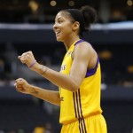 Los Angeles Sparks' Candace Parker reacts after teammate Marissa Coleman drew a foul from Phoenix Mercury's Candice Depree during the first half in Game 1 of their WNBA basketball Western Conference semifinal series on Thursday, Sept. 19, 2013, in Los Angeles. (AP Photo/Danny Moloshok)