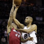 San Antonio Spurs' Tim Duncan (21) goes up for a shot against Miami Heat's Udonis Haslem (40) during the first half at Game 3 of the NBA Finals basketball series, Tuesday, June 11, 2013, in San Antonio. (AP Photo/Eric Gay)