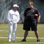 Oakland Raiders owner Mark Davis, left and general manager Reggie McKenzie, right, watches practice during NFL football rookie minicamp at the team's training facility in Alameda, Calif., Saturday, May 11, 2013. (AP Photo/Tony Avelar)
