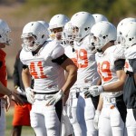 Oklahoma State players huddle before the next play during their team football practice Tuesday, Dec. 27, 2011, in Scottsdale, Ariz. Oklahoma State will face Stanford in the Fiesta Bowl on Jan. 2, 2012. (AP Photo/Matt York)
