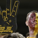 Arizona State fan looks on against Northern Arizona during the first half of a football game on Thursday, Aug. 30 2012, in Tempe, Ariz. (AP Photo/Rick Scuteri)
