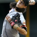 San Francisco Giants pitcher Tim Lincecum delivers against the Arizona Diamondbacks in the first inning of an opening day baseball game, Friday, April 6, 2012, in Phoenix. (AP Photo/Matt York)