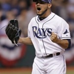 Tampa Bay Rays pitcher Alex Torres reacts after striking out Boston Red Sox's Daniel Nava in the sixth inning in Game 4 of an American League baseball division series, Tuesday, Oct. 8, 2013, in St. Petersburg, Fla. (AP Photo/Chris O'Meara)