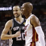 San Antonio Spurs shooting guard Manu Ginobili (20) of Argentina, reacts to a shot as Miami Heat shooting guard Ray Allen (34) grimaces during the first half of Game 6 of the NBA Finals basketball game, Tuesday, June 18, 2013 in Miami. (AP Photo/Lynne Sladky)